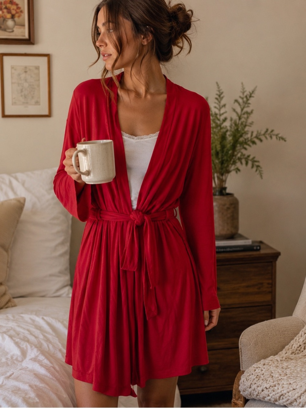 Natori Red Modal Wrap Robe Tie Waist Long Sleeve Lounge S